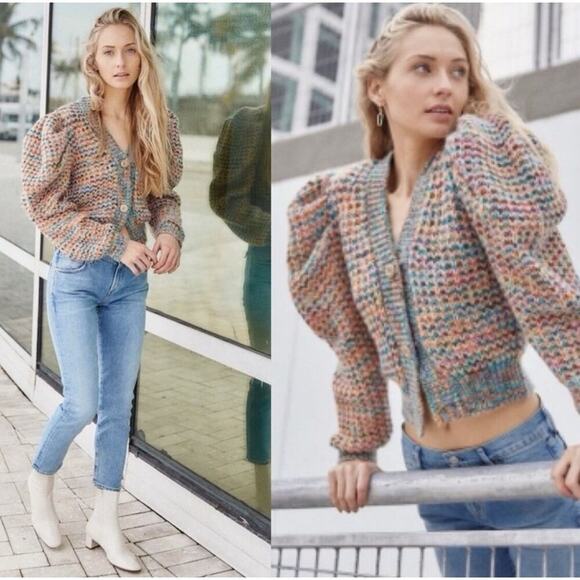 Ulla Johnson Fiora Wool Puff Sleeve Rainbow Cardigan Sweater Sz M / L - Picture 1 of 16